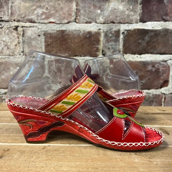 NIB Elite By Corkys 'Poppy' Red Leather Floral Heeled Sandal Sz 9 - Picture 9 of 13